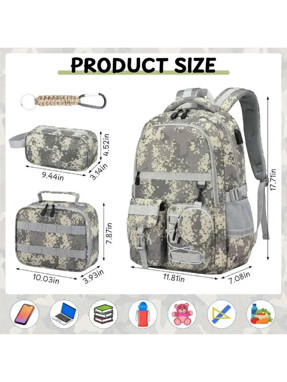 Camo School Backpack Set for Boys - 5-Piece with Lunch Box, Large Capacity